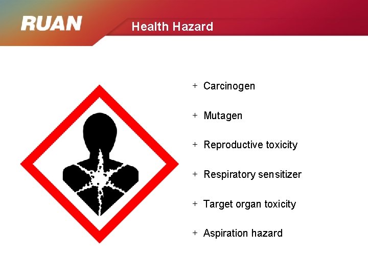 Health Hazard + Carcinogen + Mutagen + Reproductive toxicity + Respiratory sensitizer + Target