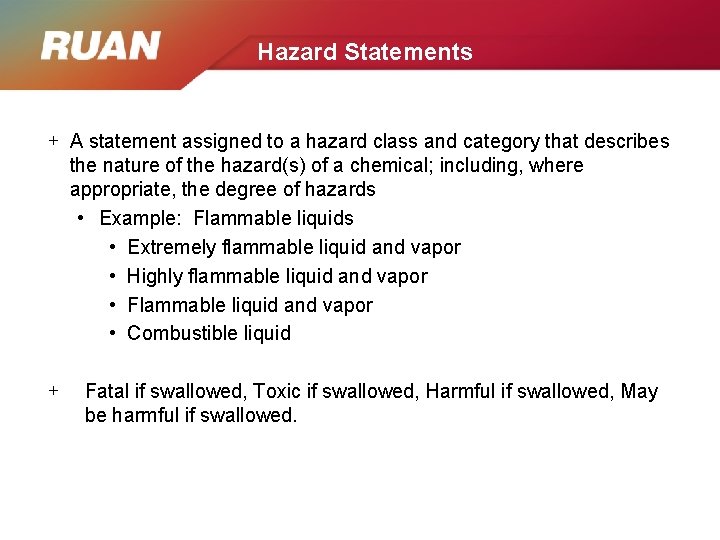 Hazard Statements + A statement assigned to a hazard class and category that describes