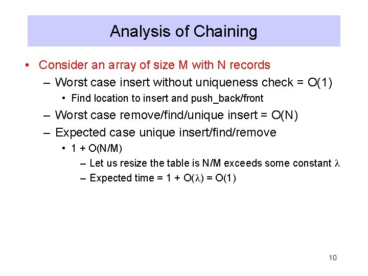 Analysis of Chaining • Consider an array of size M with N records –