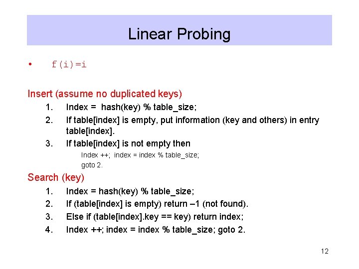 Linear Probing • f(i)=i Insert (assume no duplicated keys) 1. 2. 3. Index =