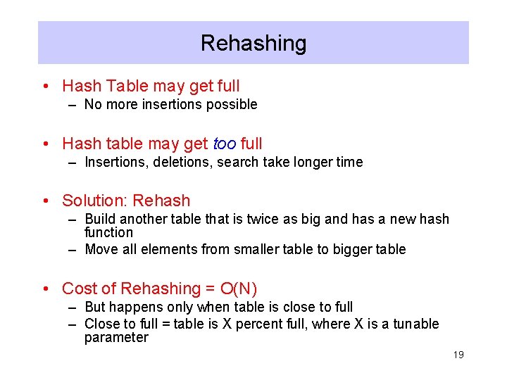 Rehashing • Hash Table may get full – No more insertions possible • Hash
