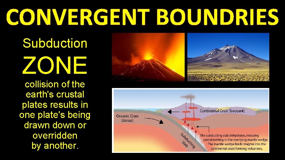 CONVERGENT BOUNDRIES Subduction ZONE collision of the earth's crustal plates results in one plate's