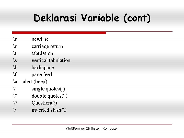 Deklarasi Variable (cont) n newline r carriage return t tabulation v vertical tabulation b