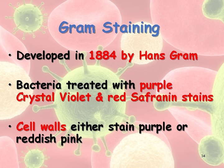 Gram Staining • Developed in 1884 by Hans Gram • Bacteria treated with purple
