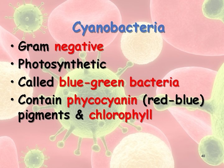 Cyanobacteria • Gram negative • Photosynthetic • Called blue-green bacteria • Contain phycocyanin (red-blue)