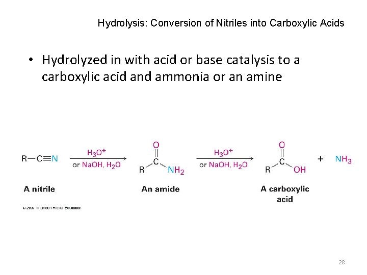 Hydrolysis: Conversion of Nitriles into Carboxylic Acids • Hydrolyzed in with acid or base