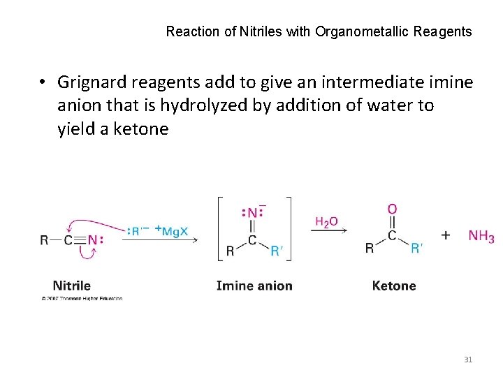Reaction of Nitriles with Organometallic Reagents • Grignard reagents add to give an intermediate