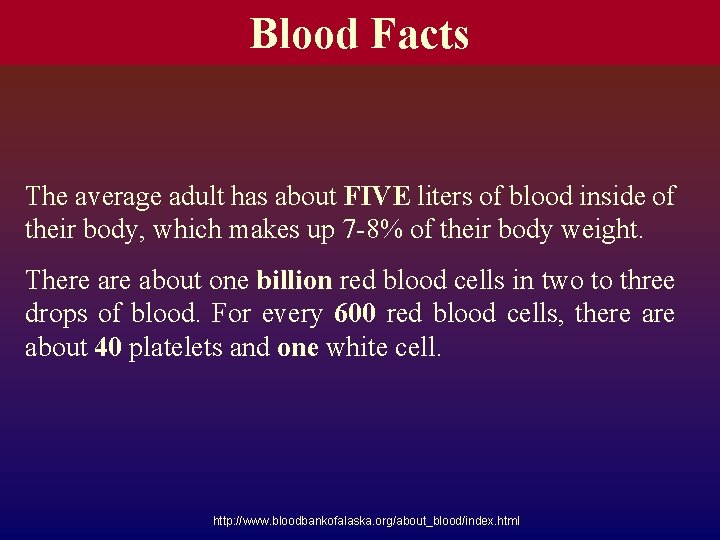 Blood Facts The average adult has about FIVE liters of blood inside of their