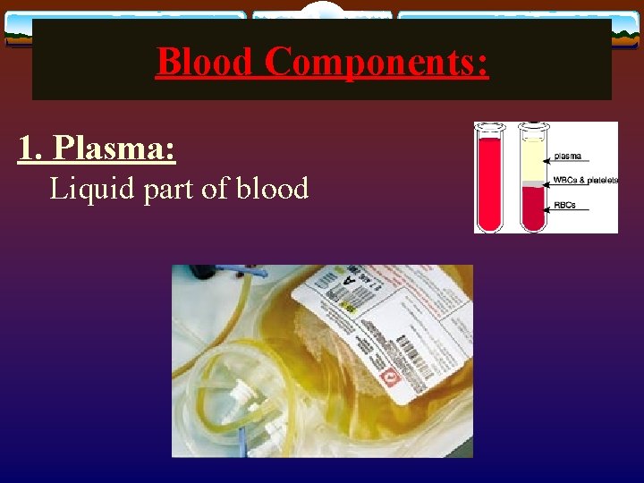 Blood Components: 1. Plasma: Liquid part of blood 