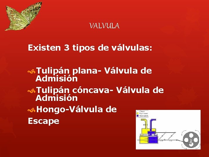 VALVULA Existen 3 tipos de válvulas: Tulipán plana- Válvula de Admisión Tulipán cóncava- Válvula