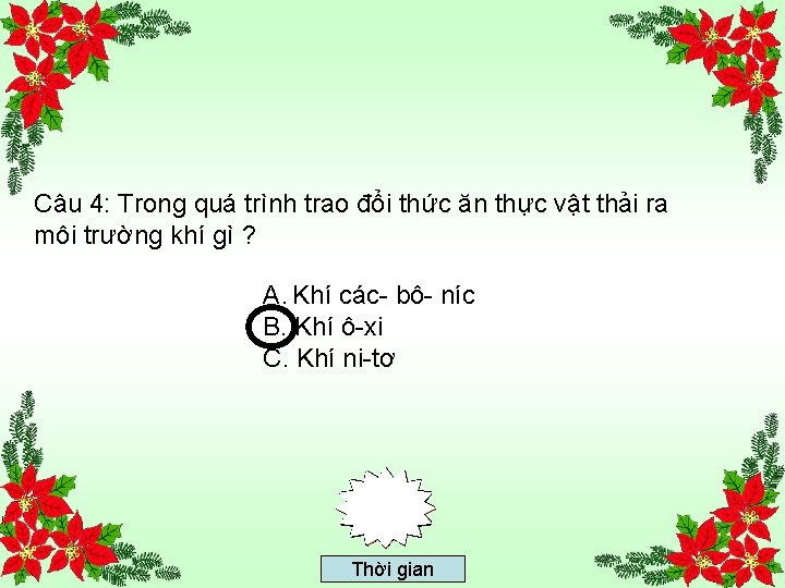 Câu 4: Trong quá trình trao đổi thức ăn thực vật thải ra môi