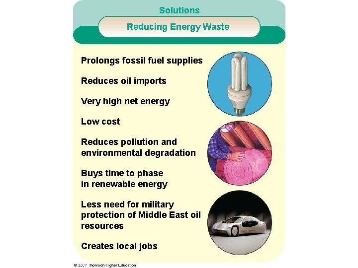 Solutions Reducing Energy Waste Prolongs fossil fuel supplies Reduces oil imports Very high net