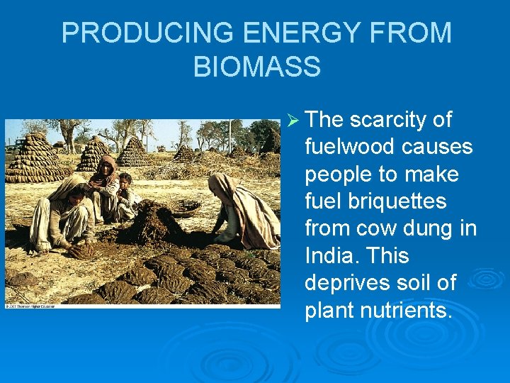PRODUCING ENERGY FROM BIOMASS Ø The scarcity of fuelwood causes people to make fuel