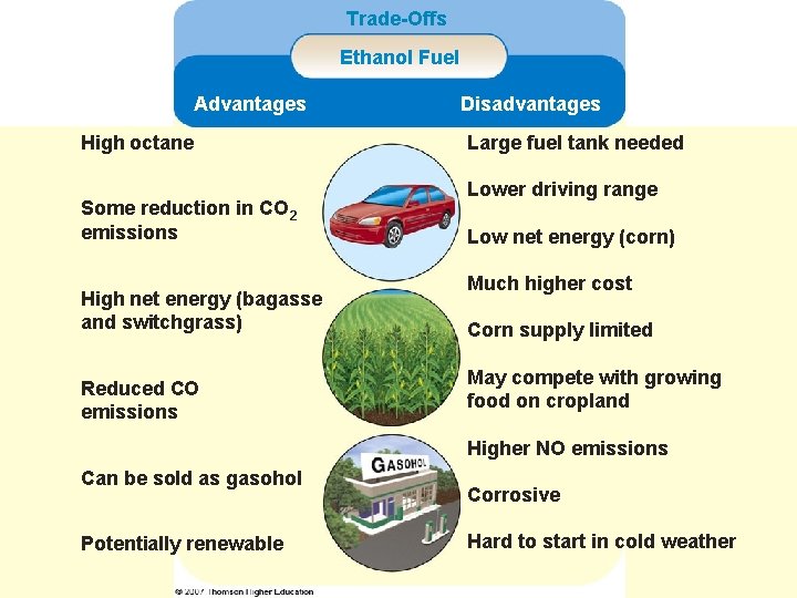 Trade-Offs Ethanol Fuel Advantages High octane Some reduction in CO 2 emissions High net