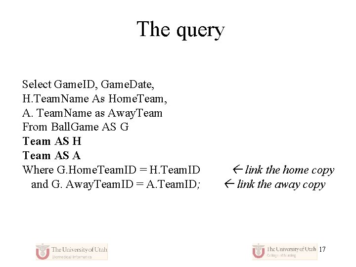 The query Select Game. ID, Game. Date, H. Team. Name As Home. Team, A.