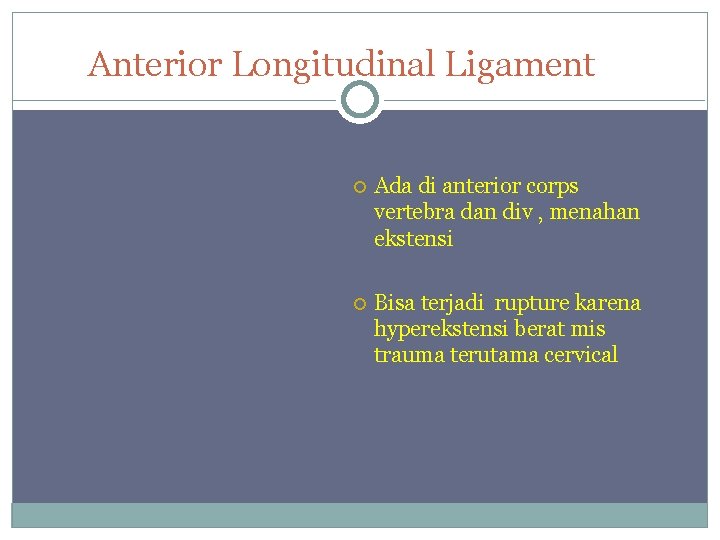 Anterior Longitudinal Ligament Ada di anterior corps vertebra dan div , menahan ekstensi Bisa