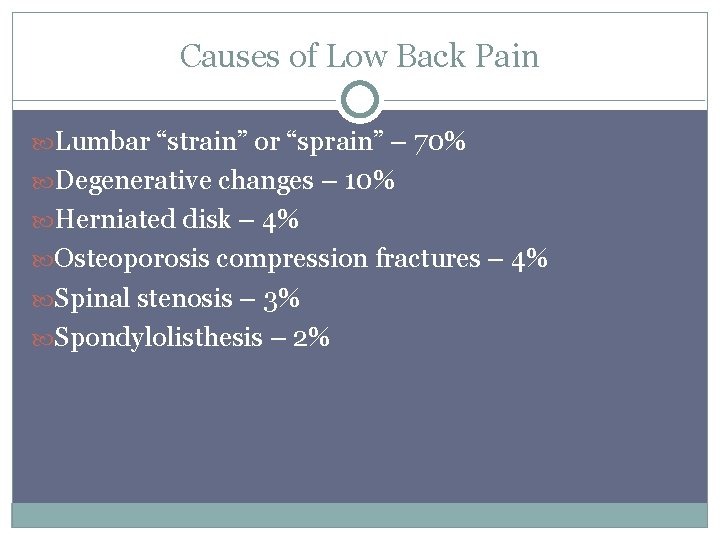 Causes of Low Back Pain Lumbar “strain” or “sprain” – 70% Degenerative changes –