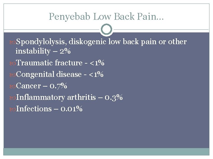 Penyebab Low Back Pain… Spondylolysis, diskogenic low back pain or other instability – 2%