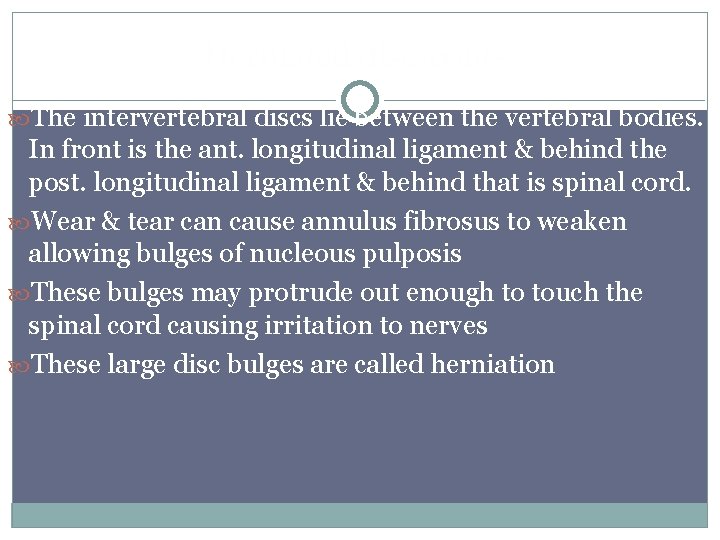 Herniated disc-cont The intervertebral discs lie between the vertebral bodies. In front is the