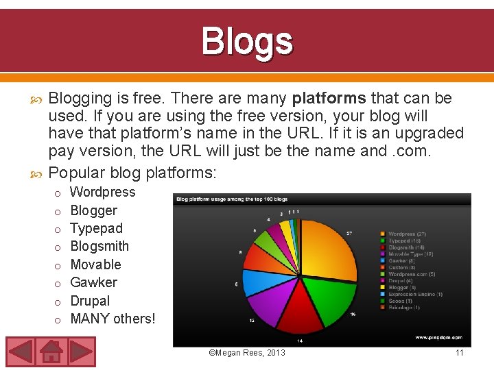 Blogs Blogging is free. There are many platforms that can be used. If you