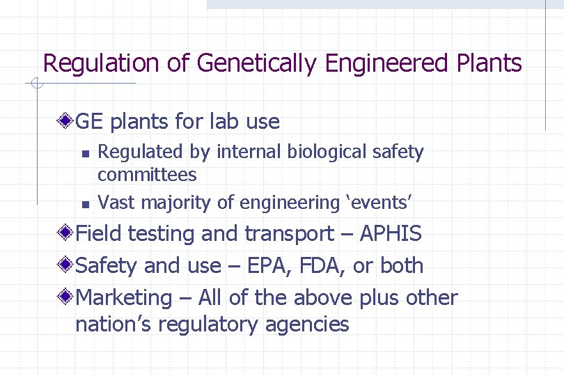 Regulation of Genetically Engineered Plants GE plants for lab use n n Regulated by