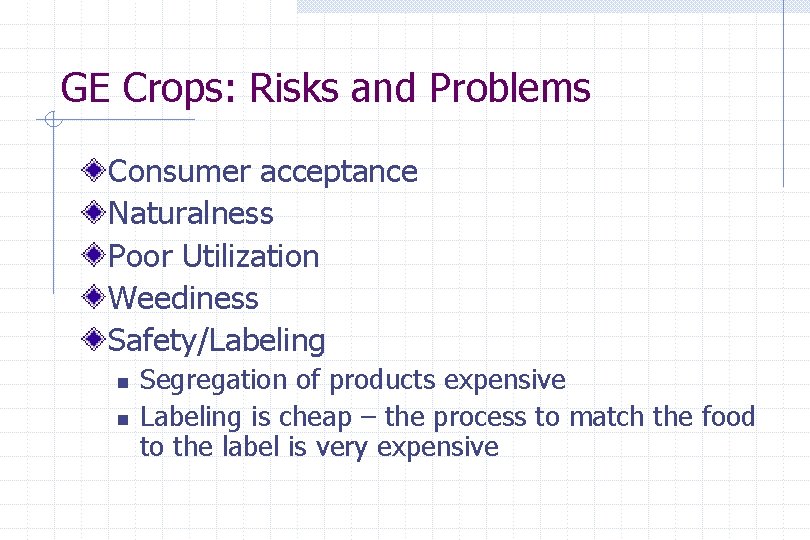 GE Crops: Risks and Problems Consumer acceptance Naturalness Poor Utilization Weediness Safety/Labeling n n