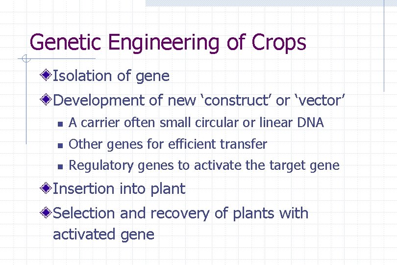 Genetic Engineering of Crops Isolation of gene Development of new ‘construct’ or ‘vector’ n