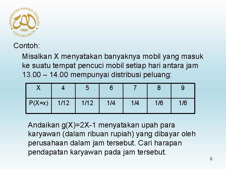 Contoh: Misalkan X menyatakan banyaknya mobil yang masuk ke suatu tempat pencuci mobil setiap