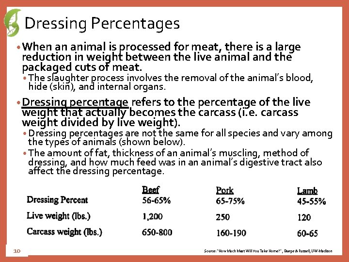 Dressing Percentages • When an animal is processed for meat, there is a large