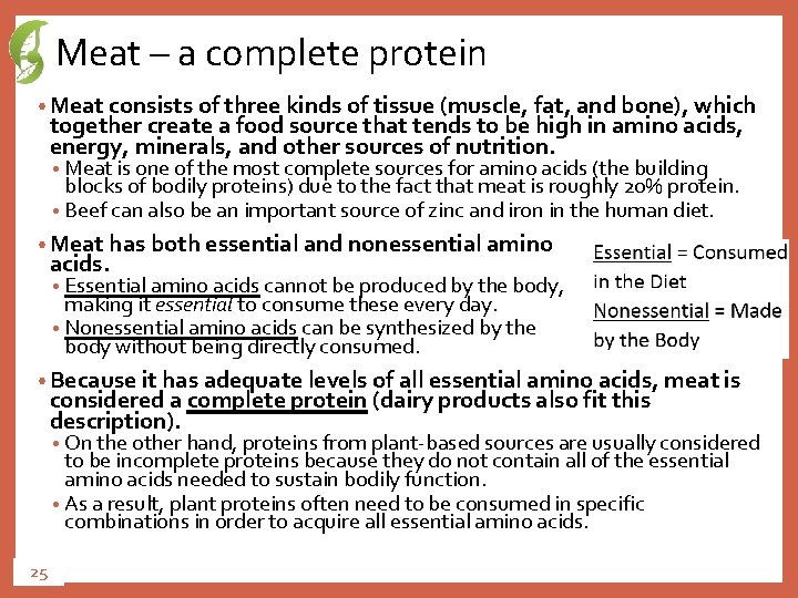 Meat – a complete protein • Meat consists of three kinds of tissue (muscle,
