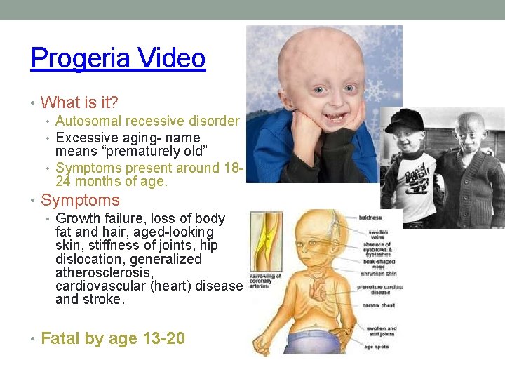 Progeria Video • What is it? • Autosomal recessive disorder • Excessive aging- name