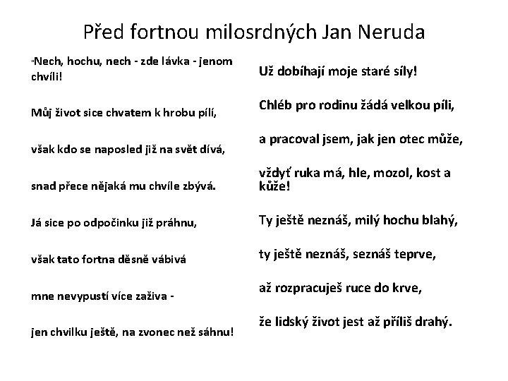 Před fortnou milosrdných Jan Neruda Nech, hochu, nech - zde lávka - jenom chvíli!