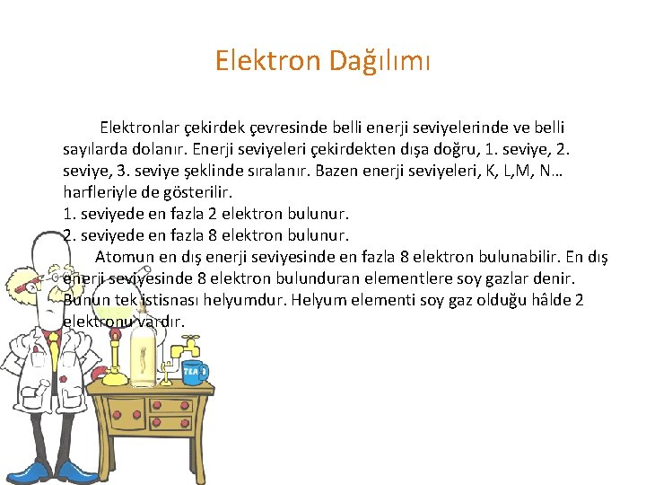 Elektron Dağılımı Elektronlar çekirdek çevresinde belli enerji seviyelerinde ve belli sayılarda dolanır. Enerji seviyeleri