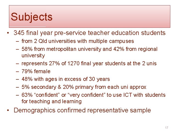 Subjects • 345 final year pre-service teacher education students – from 2 Qld universities