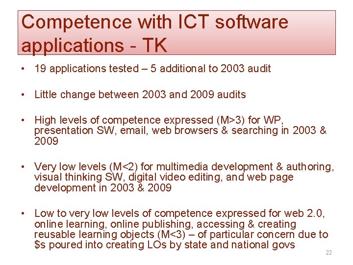 Competence with ICT software applications - TK • 19 applications tested – 5 additional