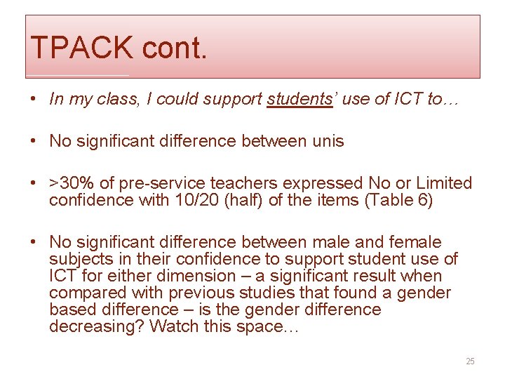 TPACK cont. • In my class, I could support students’ use of ICT to…