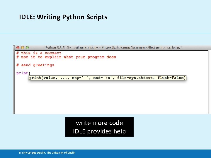 IDLE: Writing Python Scripts write more code IDLE provides help Trinity College Dublin, The