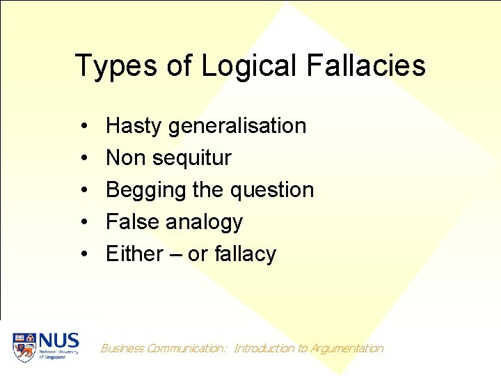 Types of Logical Fallacies • • • Hasty generalisation Non sequitur Begging the question