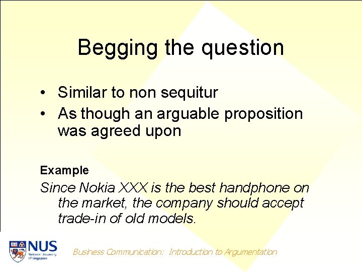 Begging the question • Similar to non sequitur • As though an arguable proposition