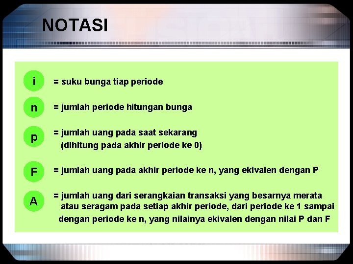 NOTASI ii = suku bunga tiap periode n n = jumlah periode hitungan bunga