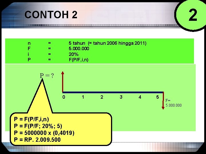 2 CONTOH 2 n F i P = = 5 tahun (= tahun 2006