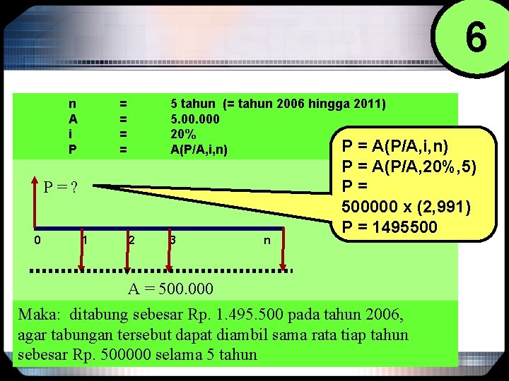 6 n A i P = = 5 tahun (= tahun 2006 hingga 2011)