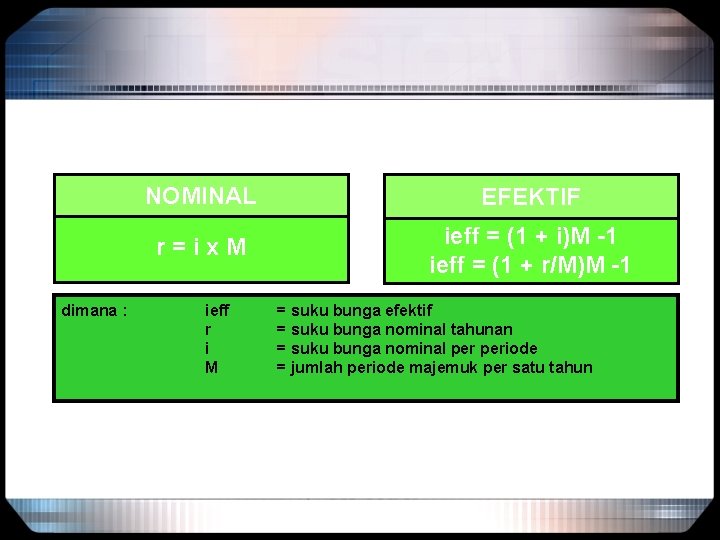 dimana : NOMINAL EFEKTIF r=ix. M ieff = (1 + i)M -1 ieff =