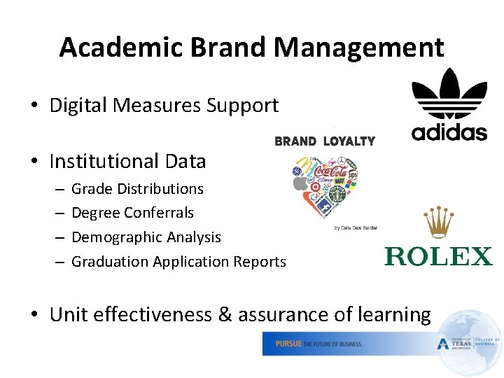 Academic Brand Management • Digital Measures Support • Institutional Data – – Grade Distributions