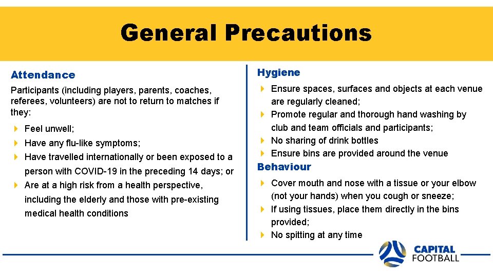General Precautions Attendance Hygiene Participants (including players, parents, coaches, referees, volunteers) are not to