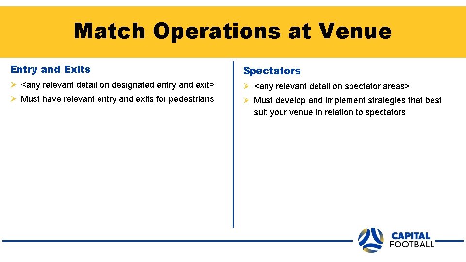 Match Operations at Venue Entry and Exits Spectators Ø <any relevant detail on designated