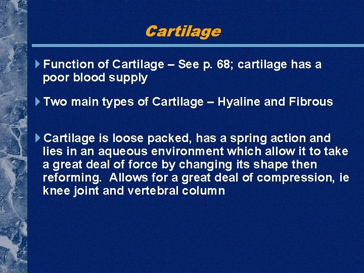 Cartilage Function of Cartilage – See p. 68; cartilage has a poor blood supply