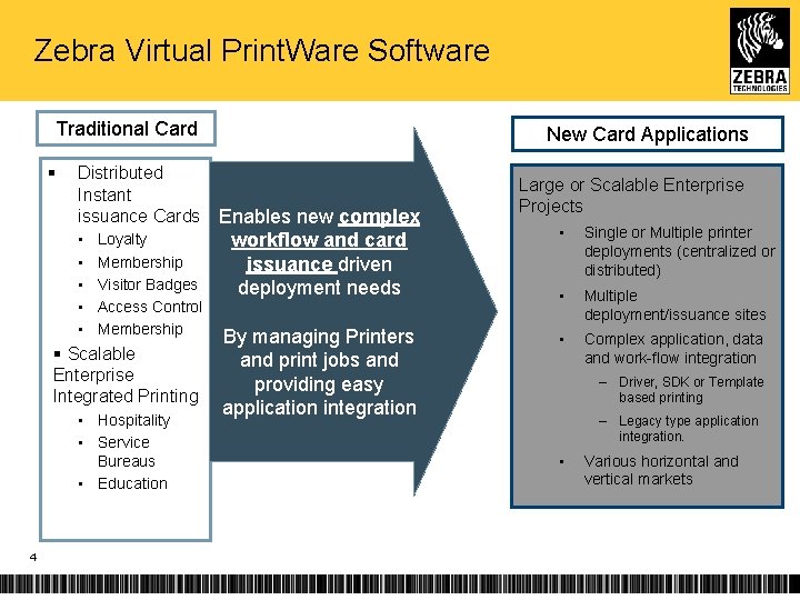 Zebra Virtual Print. Ware Software Traditional Card § Distributed Instant issuance Cards • •