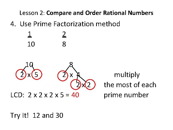 Lesson 2: Compare and Order Rational Numbers 4. Use Prime Factorization method 1 2