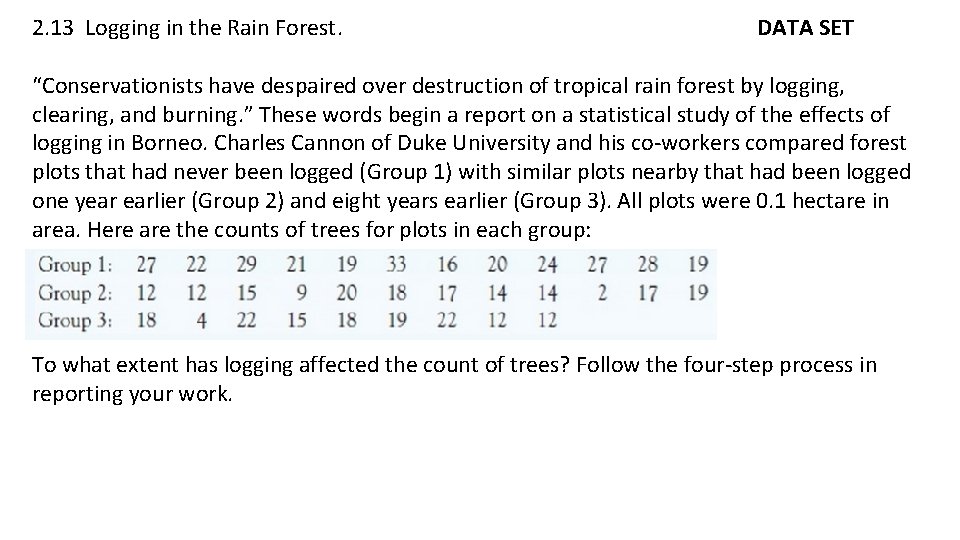 2. 13 Logging in the Rain Forest. DATA SET “Conservationists have despaired over destruction